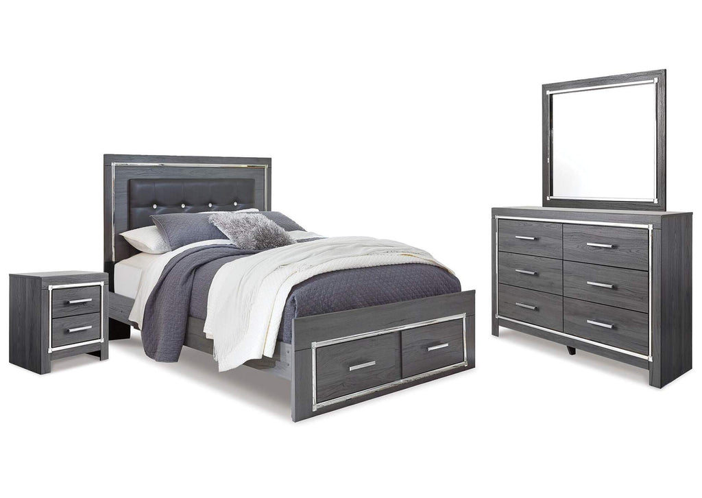 Lodanna Queen Panel Bed with 2 Storage Drawers with Mirrored Dresser and Nightstand