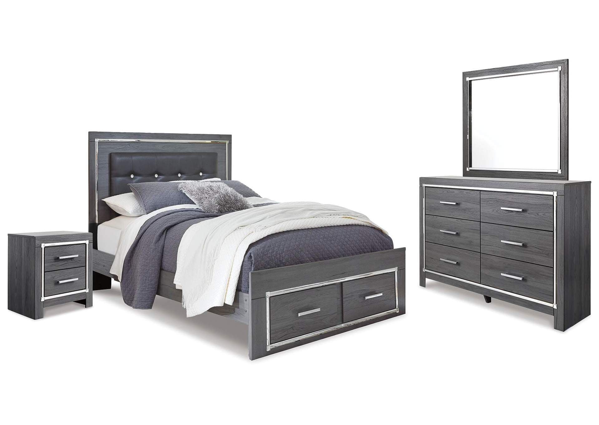Lodanna Queen Panel Bed with 2 Storage Drawers with Mirrored Dresser and Nightstand