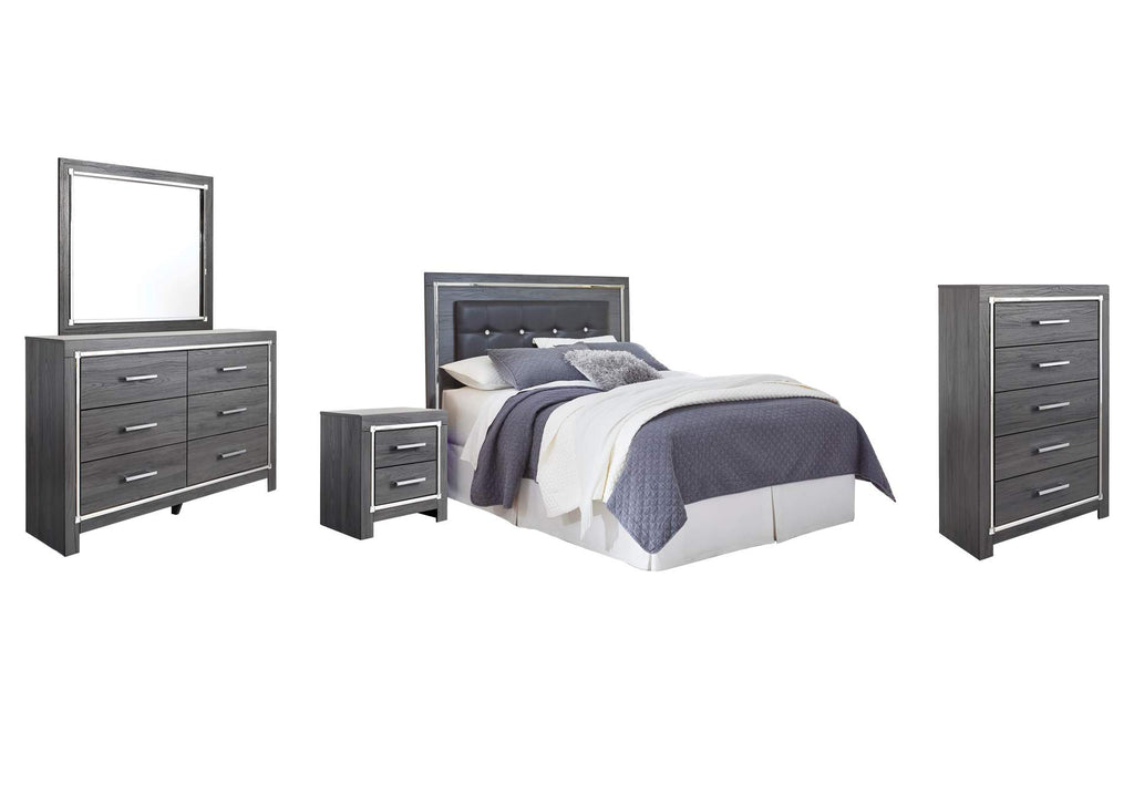 Lodanna Queen/Full Upholstered Panel Headboard Bed with Mirrored Dresser, Chest and Nightstand