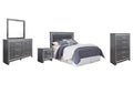 Lodanna Queen/Full Upholstered Panel Headboard Bed with Mirrored Dresser, Chest and Nightstand