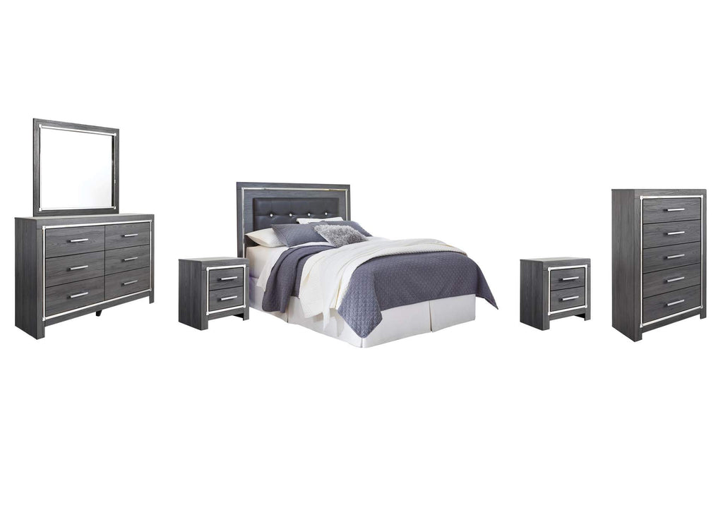 Lodanna Queen/Full Upholstered Panel Headboard Bed with Mirrored Dresser, Chest and 2 Nightstands