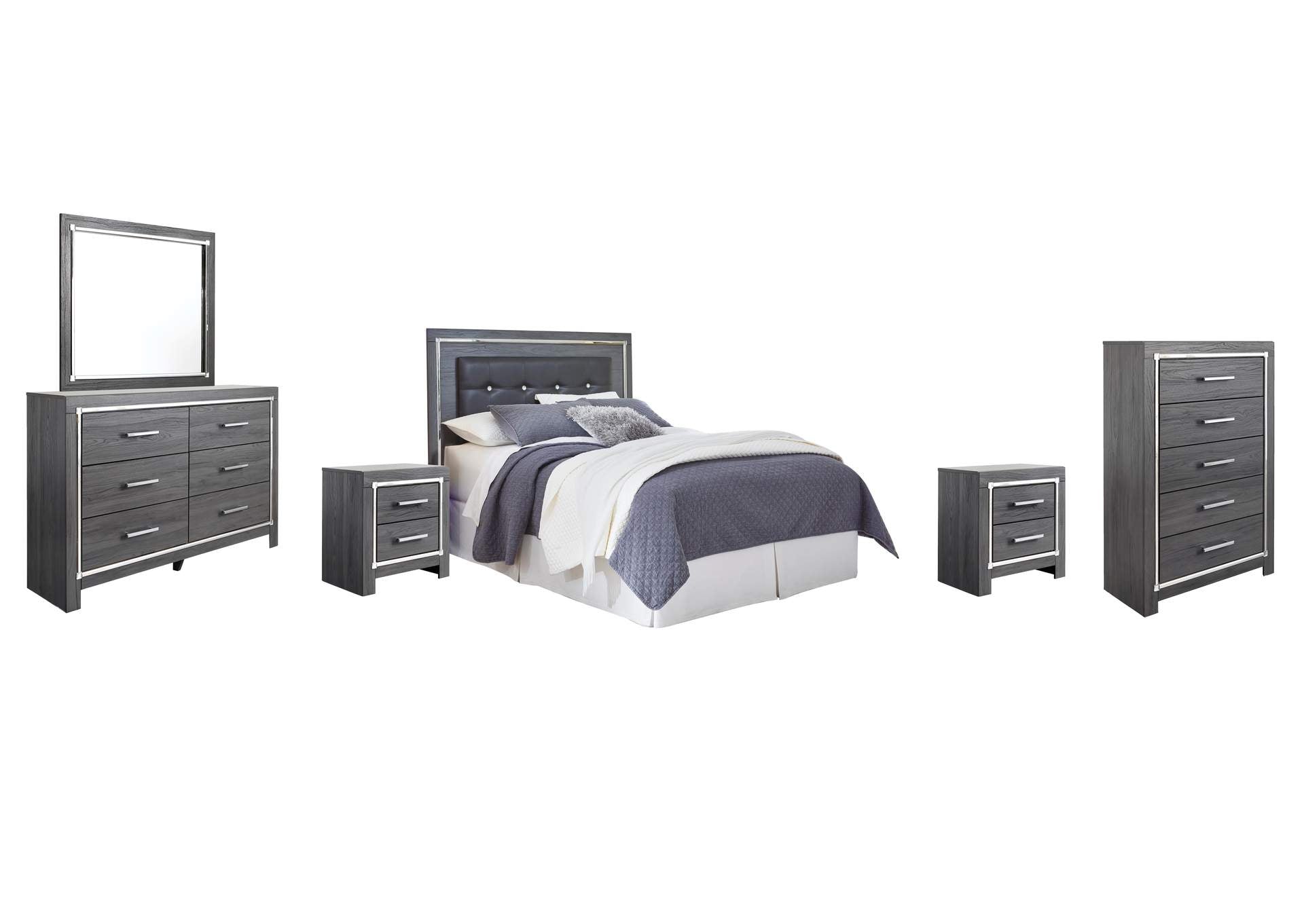 Lodanna Queen/Full Upholstered Panel Headboard Bed with Mirrored Dresser, Chest and 2 Nightstands