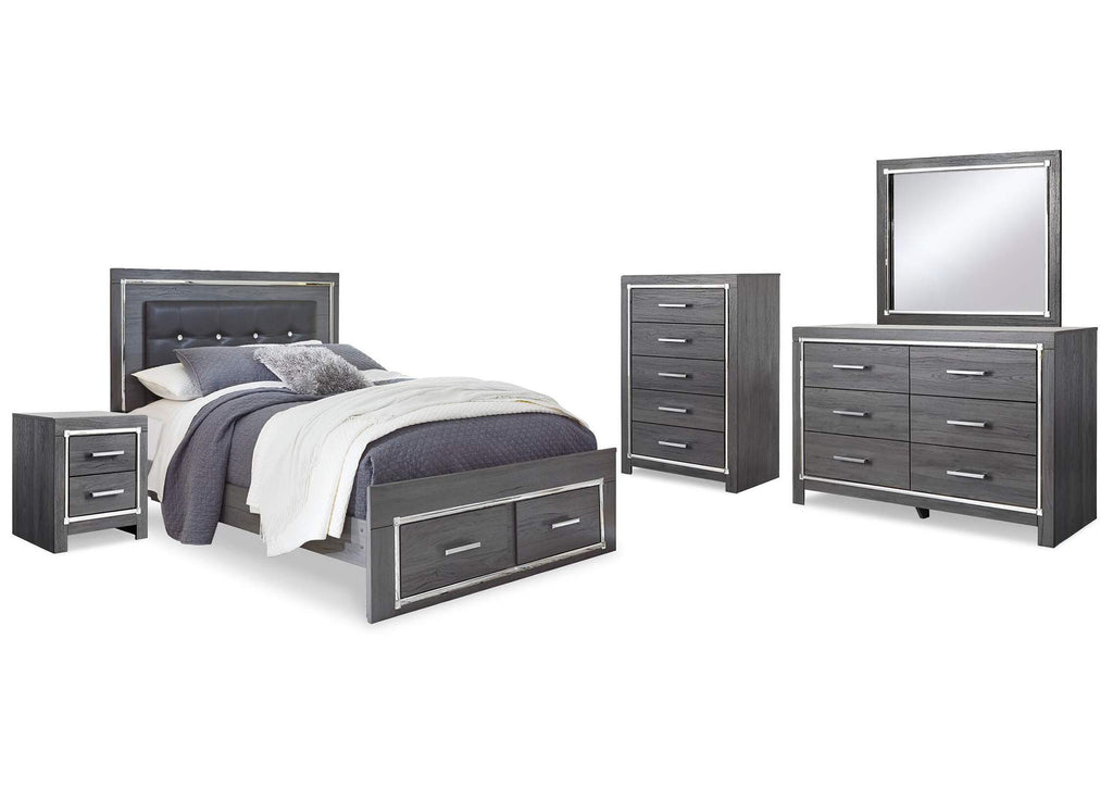 Lodanna Queen Panel Bed with 2 Storage Drawers with Mirrored Dresser, Chest and Nightstand