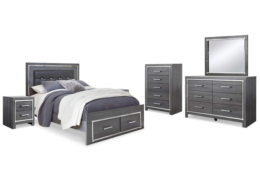 Lodanna Queen Panel Bed with 2 Storage Drawers with Mirrored Dresser, Chest and 2 Nightstands