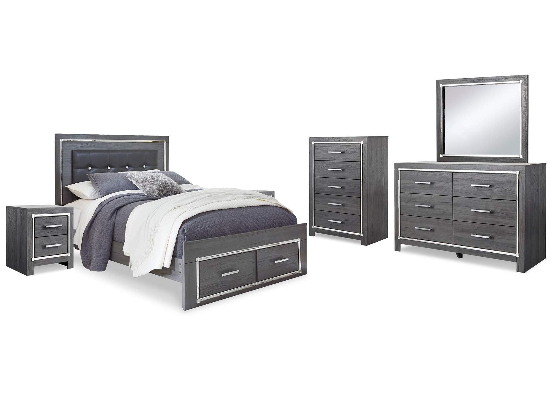 Lodanna Queen Panel Bed with 2 Storage Drawers with Mirrored Dresser, Chest and 2 Nightstands