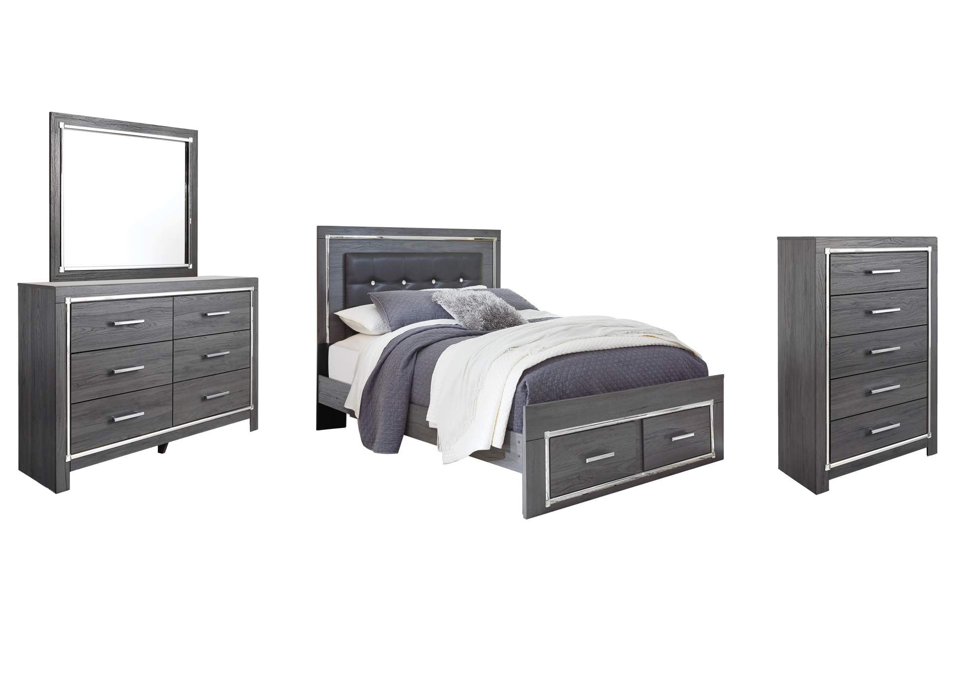 Lodanna Queen Panel Bed with 2 Storage Drawers with Mirrored Dresser and Chest