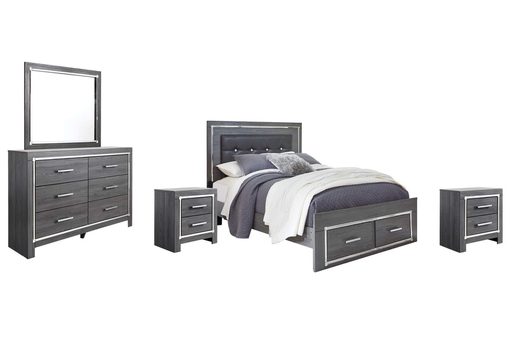 Lodanna Queen Panel Bed with 2 Storage Drawers with Mirrored Dresser and 2 Nightstands
