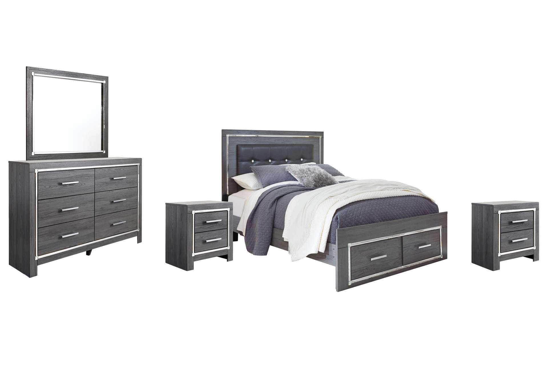 Lodanna Queen Panel Bed with 2 Storage Drawers with Mirrored Dresser and 2 Nightstands