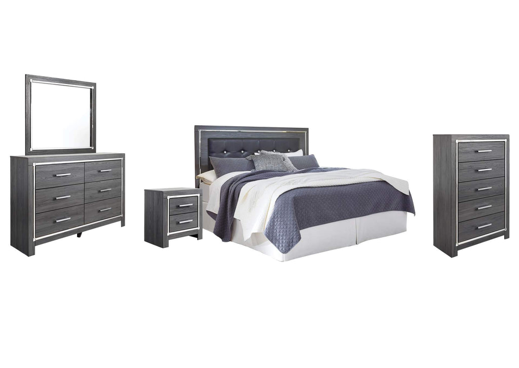 Lodanna King/California King Upholstered Panel Headboard Bed with Mirrored Dresser, Chest and Nightstand
