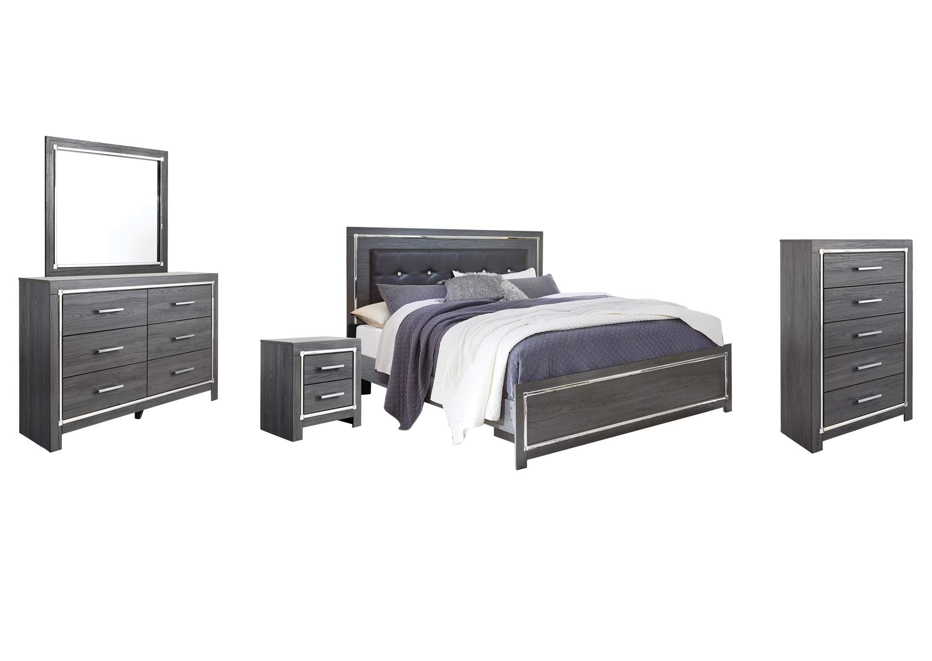 Lodanna King Panel Bed with Mirrored Dresser, Chest and 2 Nightstands