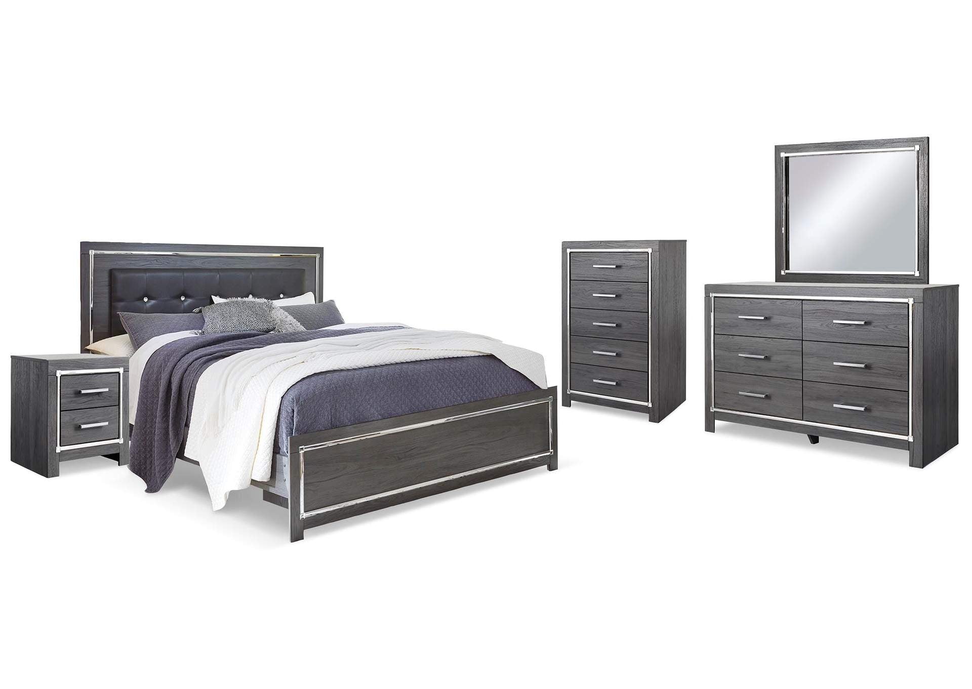 Lodanna King Panel Bed with Mirrored Dresser, Chest and 2 Nightstands