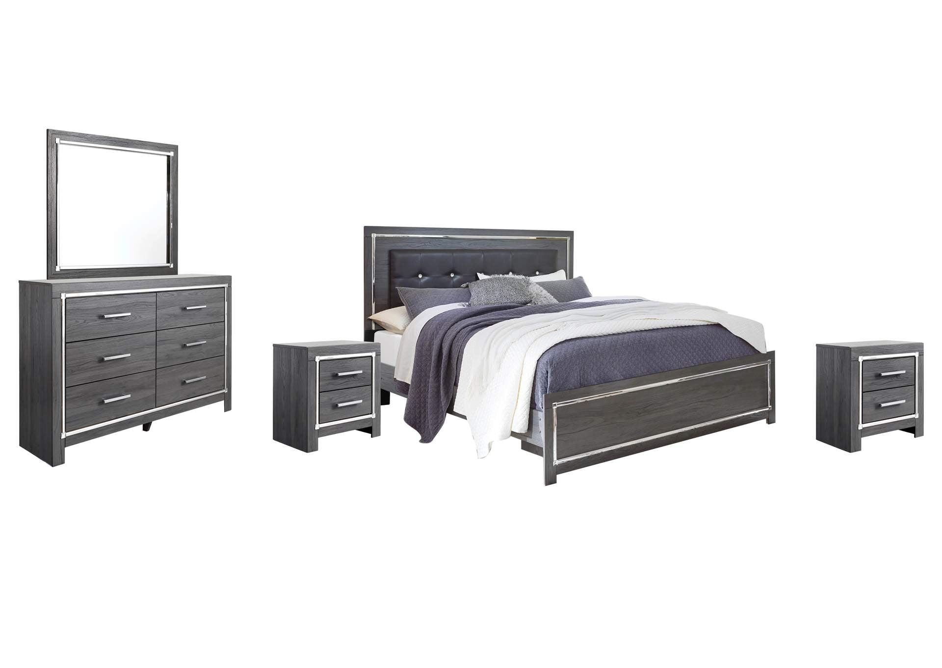 Lodanna King Panel Bed with Mirrored Dresser and 2 Nightstands