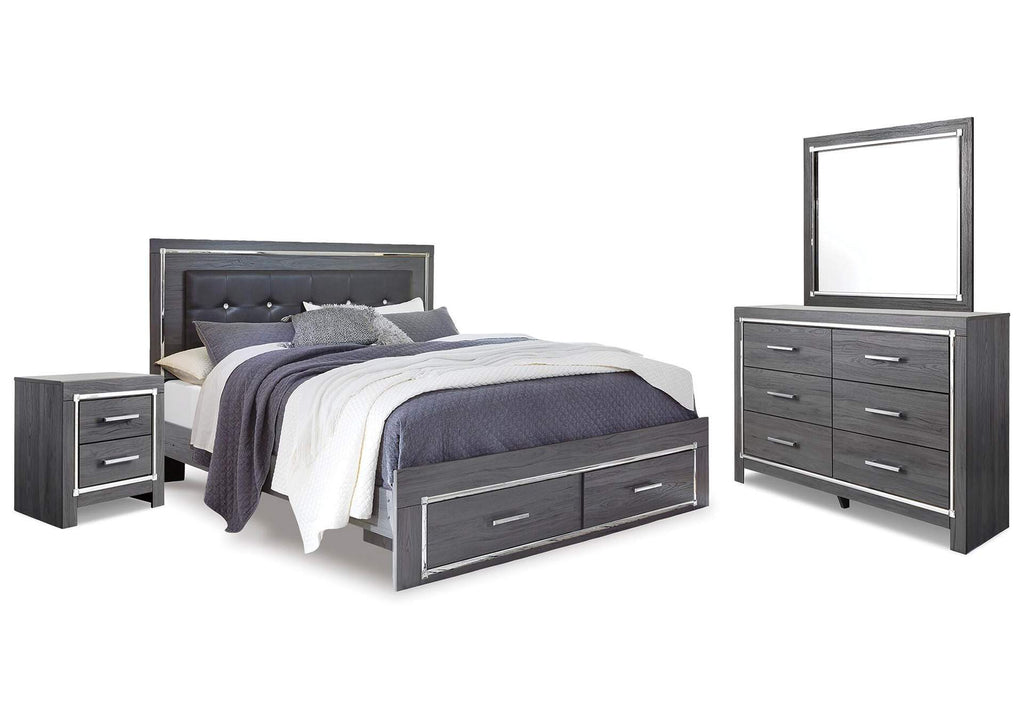Lodanna King Panel Bed with 2 Storage Drawers with Mirrored Dresser and Nightstand