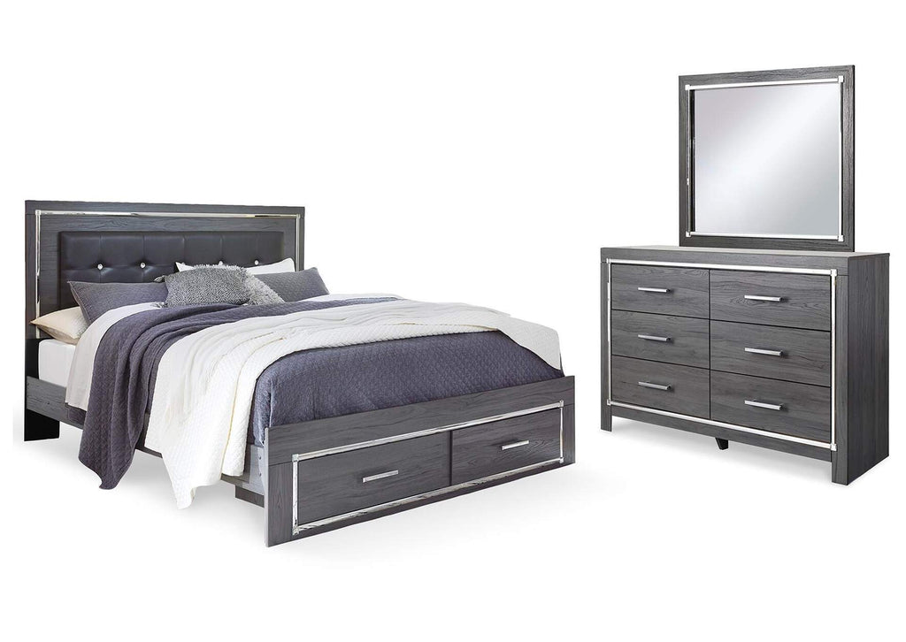 Lodanna King Panel Bed with 2 Storage Drawers with Mirrored Dresser