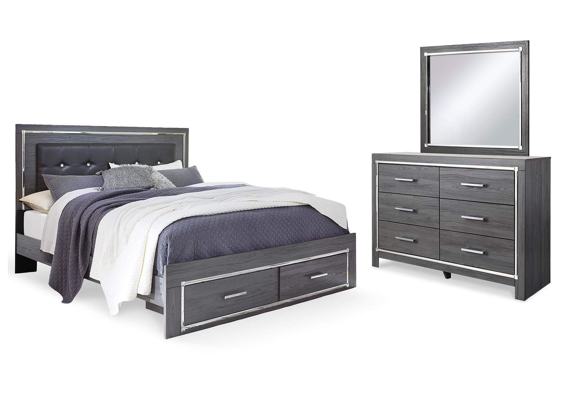 Lodanna King Panel Bed with 2 Storage Drawers with Mirrored Dresser