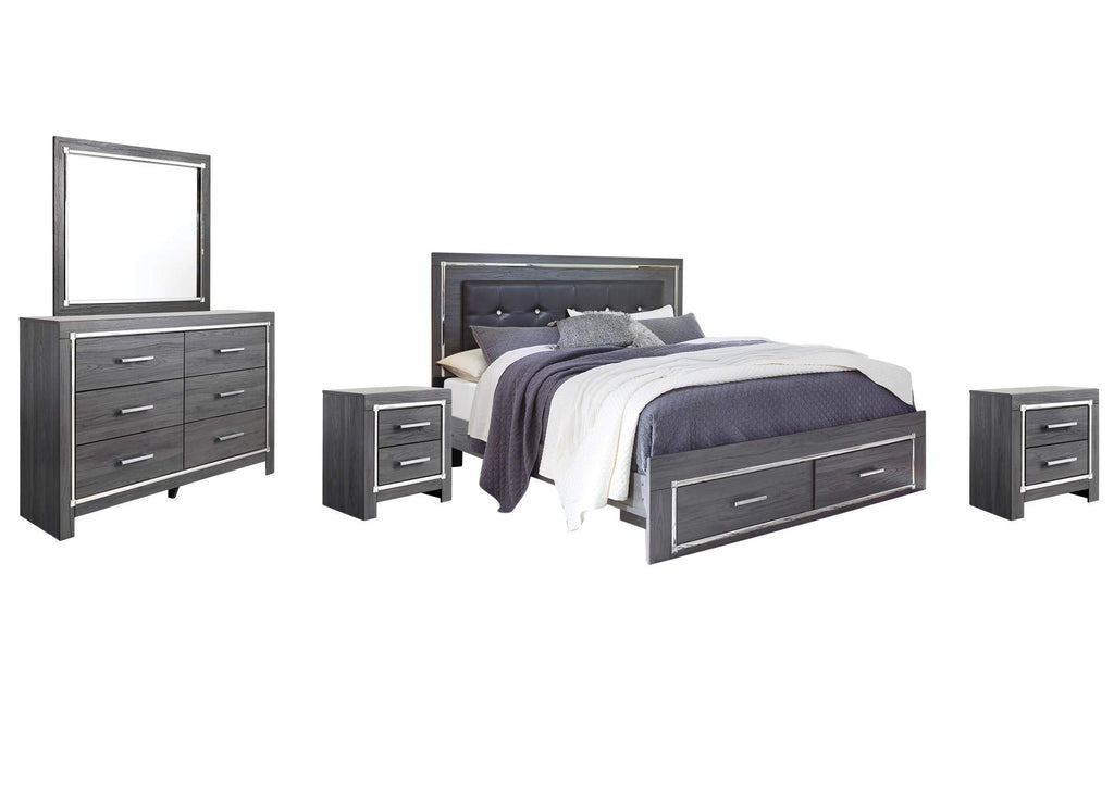 Lodanna King Panel Bed with 2 Storage Drawers with Mirrored Dresser and 2 Nightstands