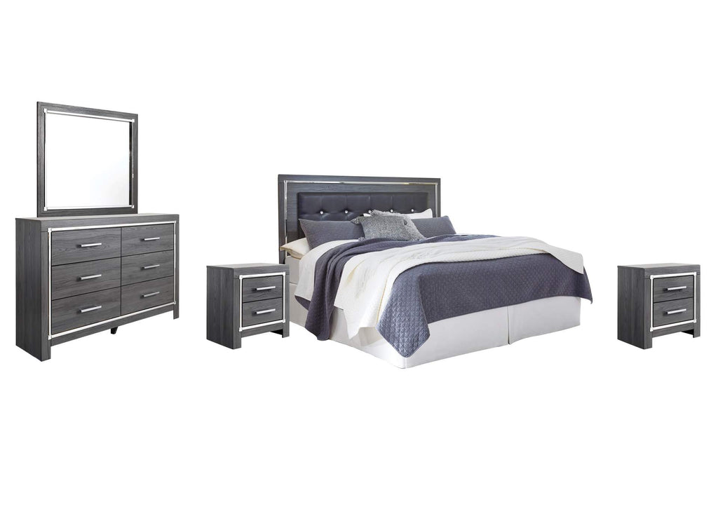 Lodanna King/California King Upholstered Panel Headboard Bed with Mirrored Dresser and 2 Nightstands