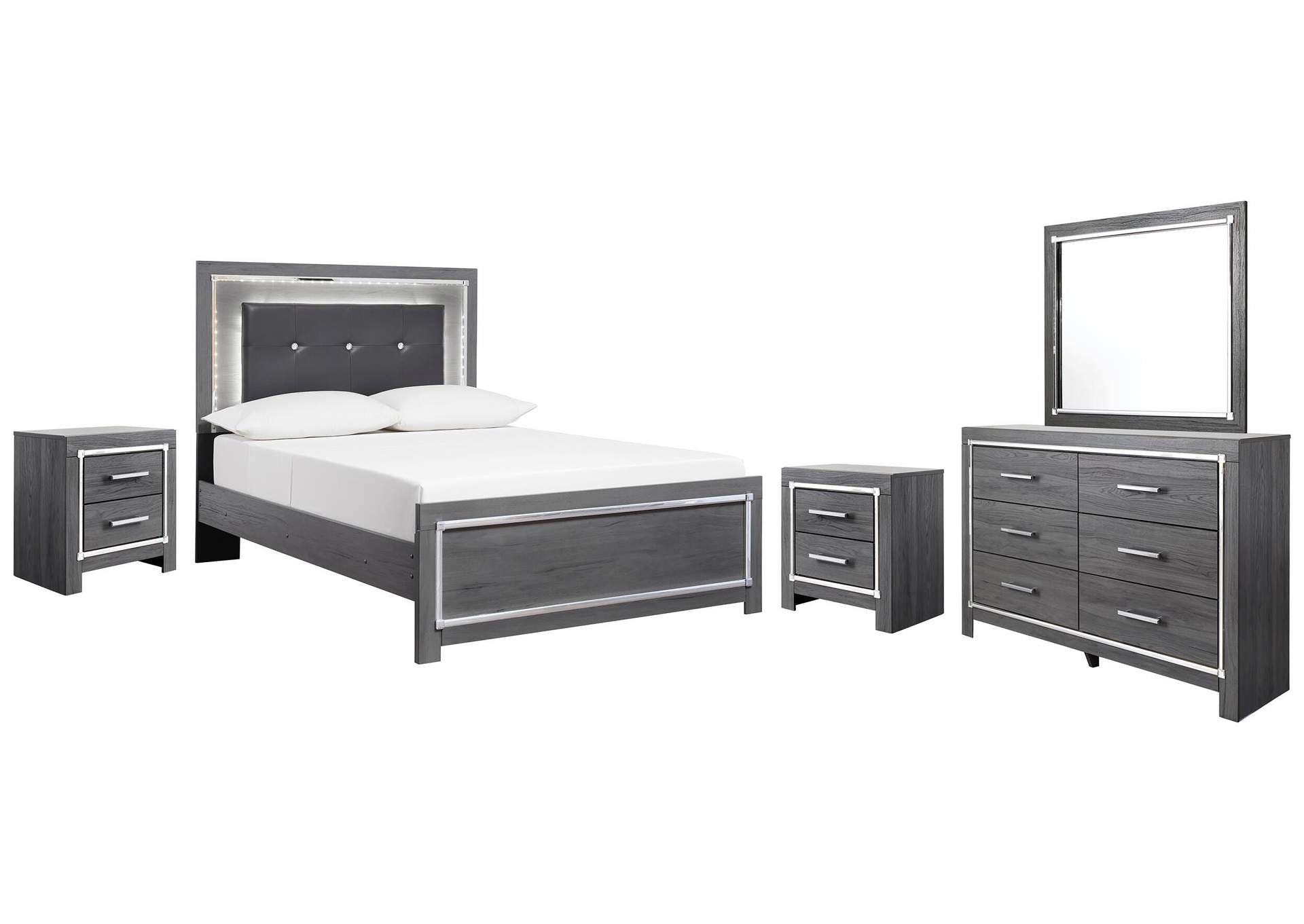 Lodanna Full Panel Bed with Mirrored Dresser and 2 Nightstands