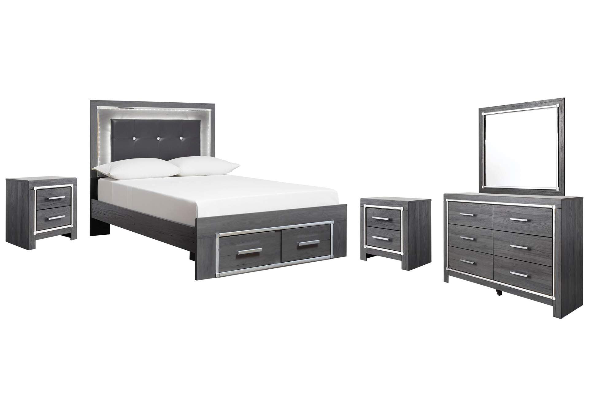 Lodanna Full Panel Bed with 2 Storage Drawers with Mirrored Dresser and 2 Nightstands
