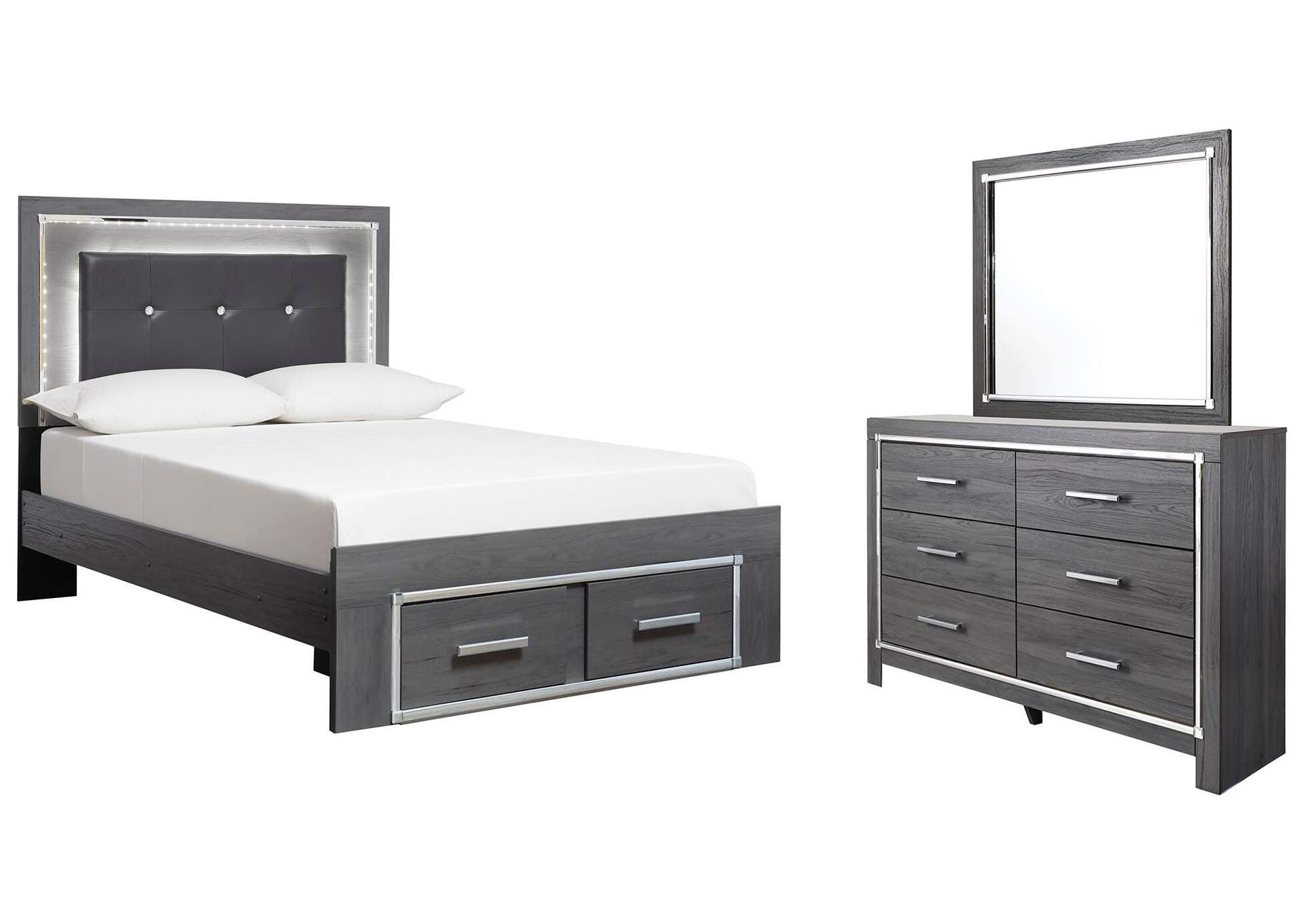 Lodanna Full Panel Bed with 2 Storage Drawers with Mirrored Dresser