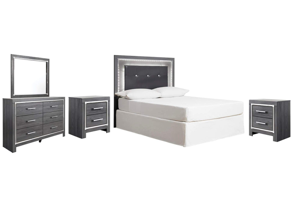 Lodanna Full Upholstered Panel Headboard Bed with Mirrored Dresser and 2 Nightstands