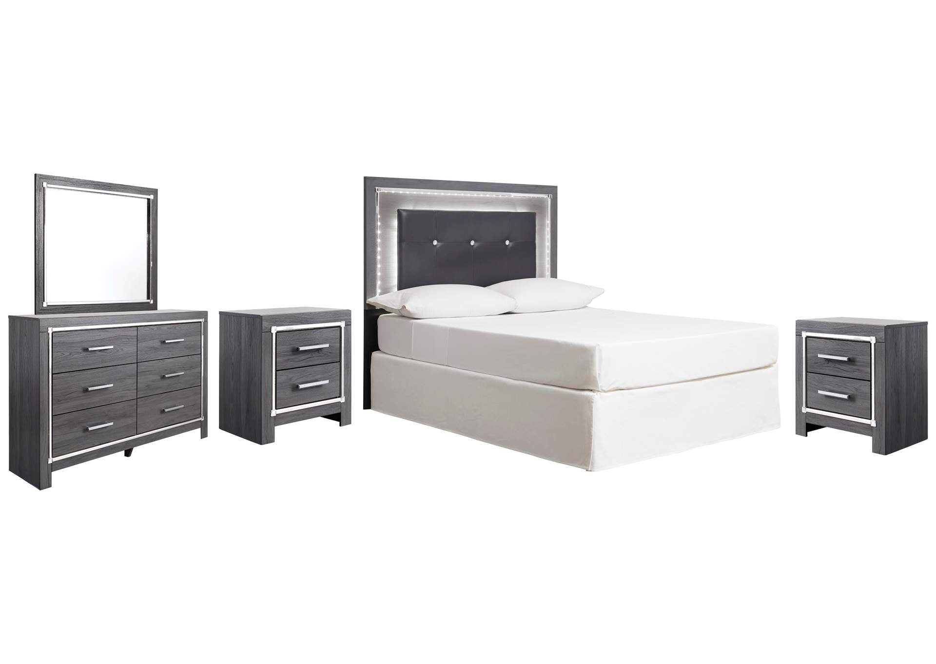 Lodanna Full Upholstered Panel Headboard Bed with Mirrored Dresser and 2 Nightstands