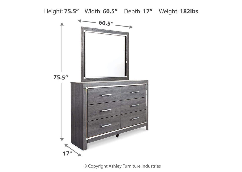 Lodanna King Panel Bed with 2 Storage Drawers, Dresser, Mirror and 2 Nightstands dimensions