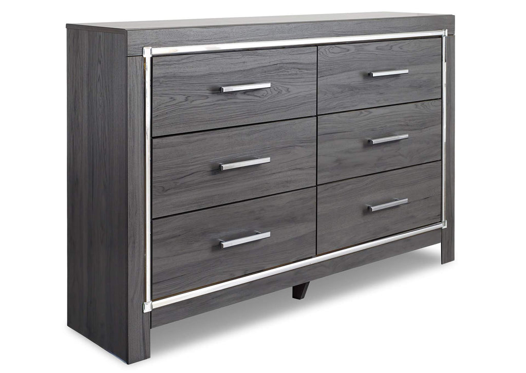 Lodanna Queen/Full Upholstered Panel Headboard Bed with Dresser angled view