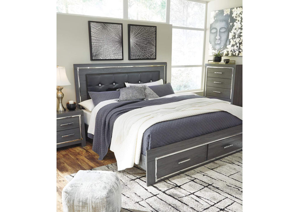 Lodanna King Panel Bed with 2 Storage Drawers with Mirrored Dresser and Nightstand