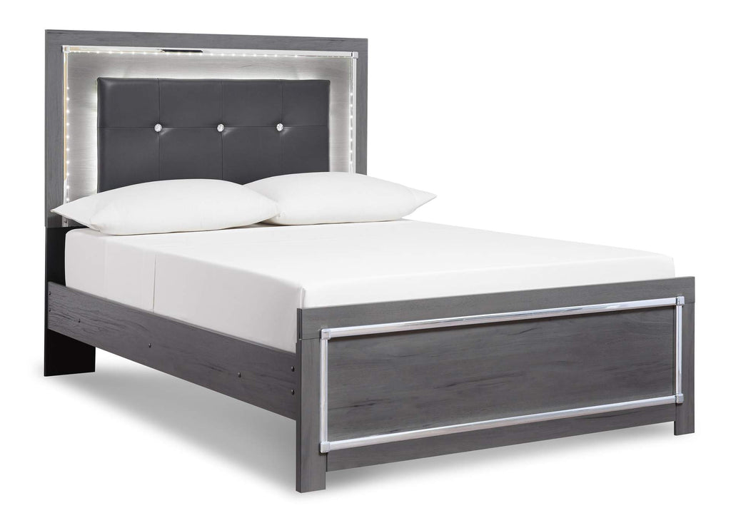 Lodanna King Panel Bed with Mirrored Dresser, Chest and 2 Nightstands angled view