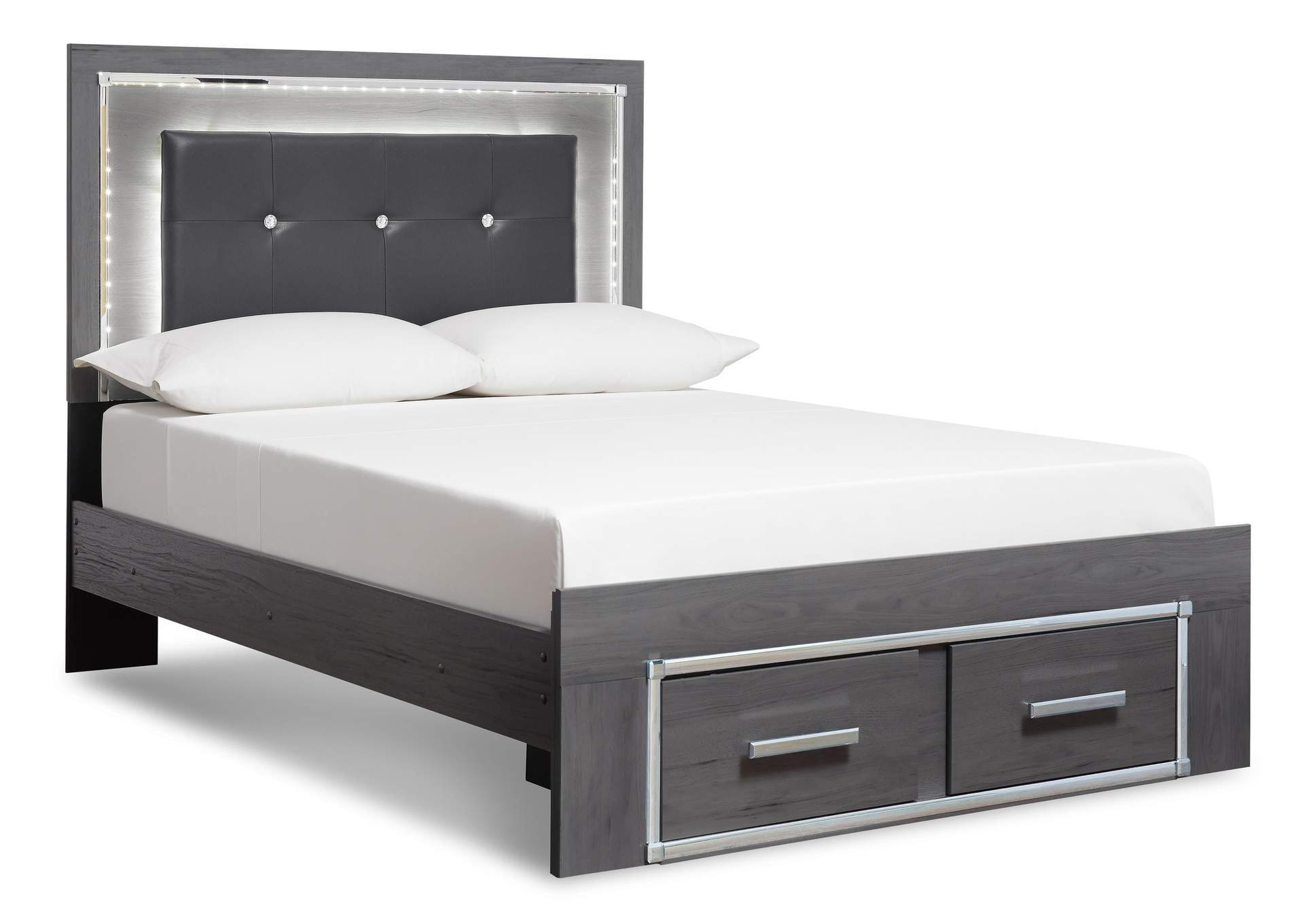 Lodanna Queen Panel Bed with 2 Storage Drawers with Mirrored Dresser angled view