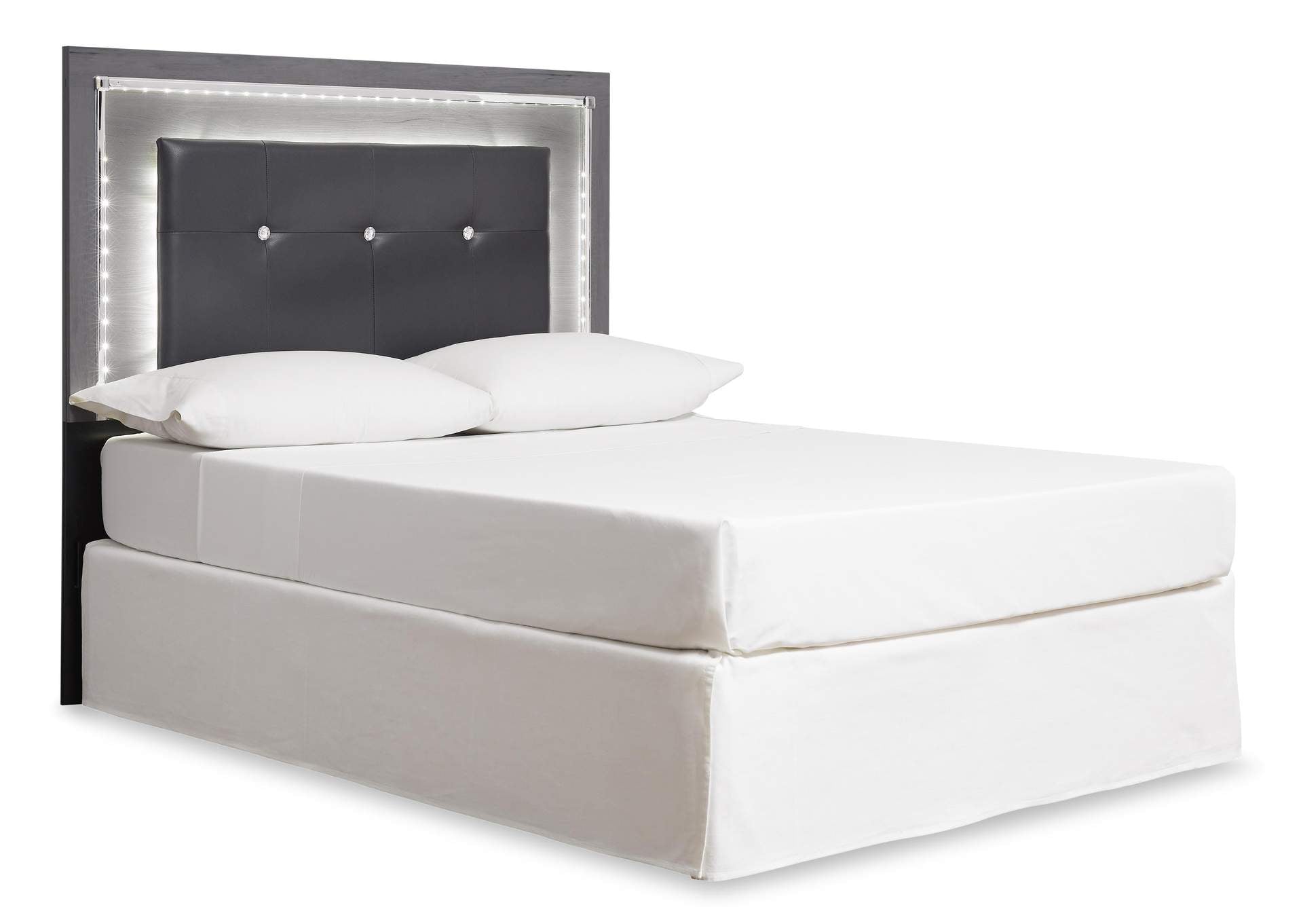 Lodanna Queen/Full Upholstered Panel Headboard Bed with Mirrored Dresser and Chest angled view