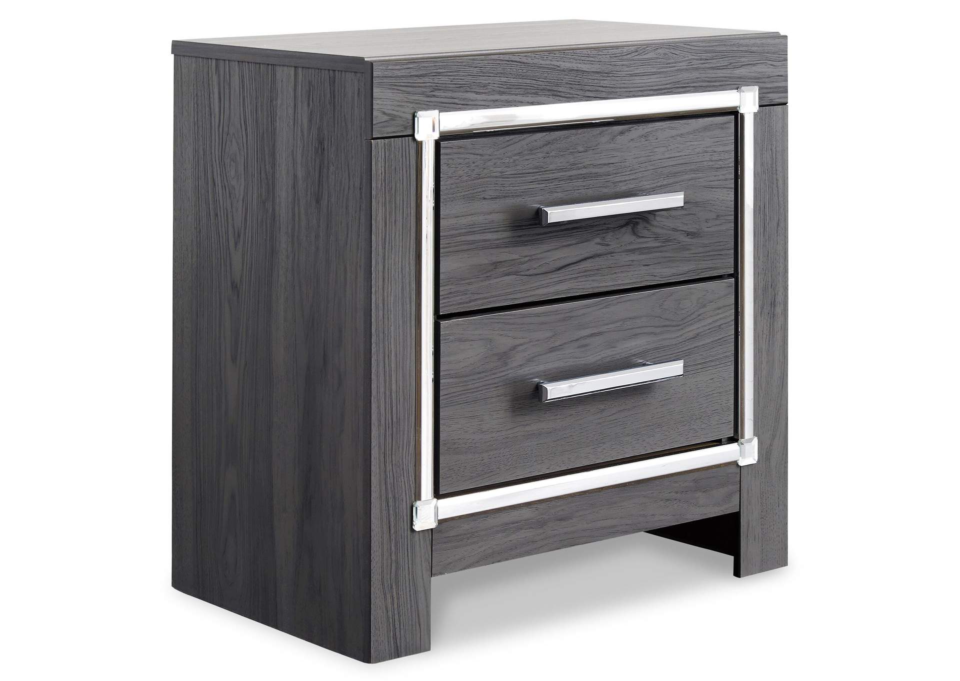 Lodanna Queen/Full Upholstered Panel Headboard Bed with Mirrored Dresser, Chest and 2 Nightstands angled view