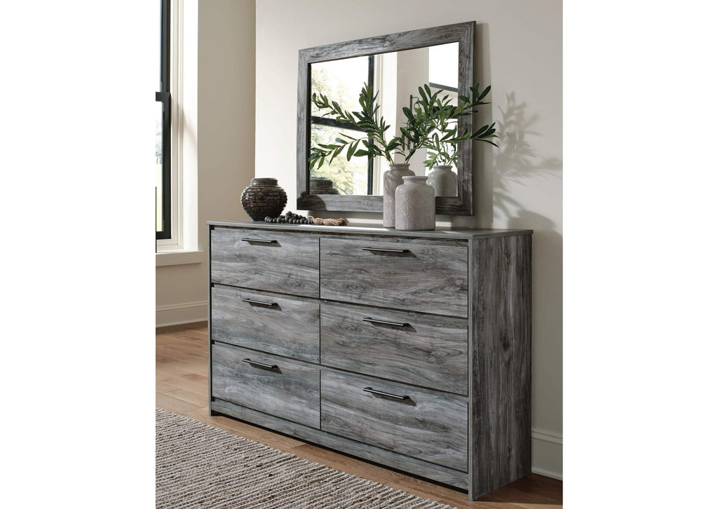 Baystorm Queen Panel Bed with 2 Storage Drawers with Mirrored Dresser and Nightstand room view