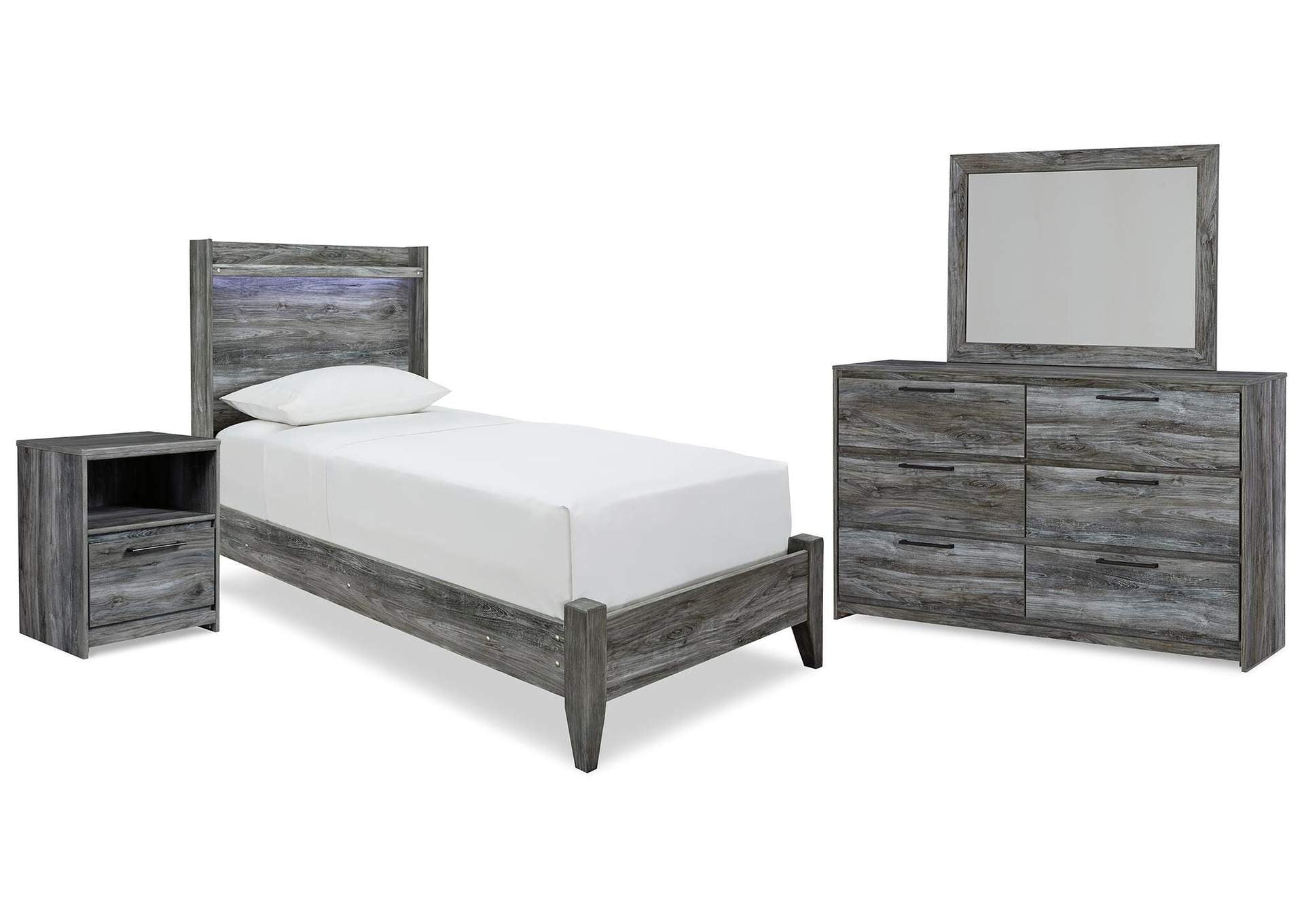 Baystorm Twin Panel Bed with Mirrored Dresser and Nightstand