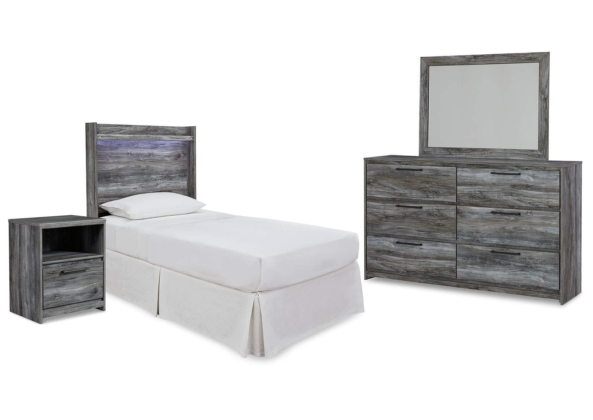 Baystorm Twin Panel Headboard with Mirrored Dresser and Nightstand