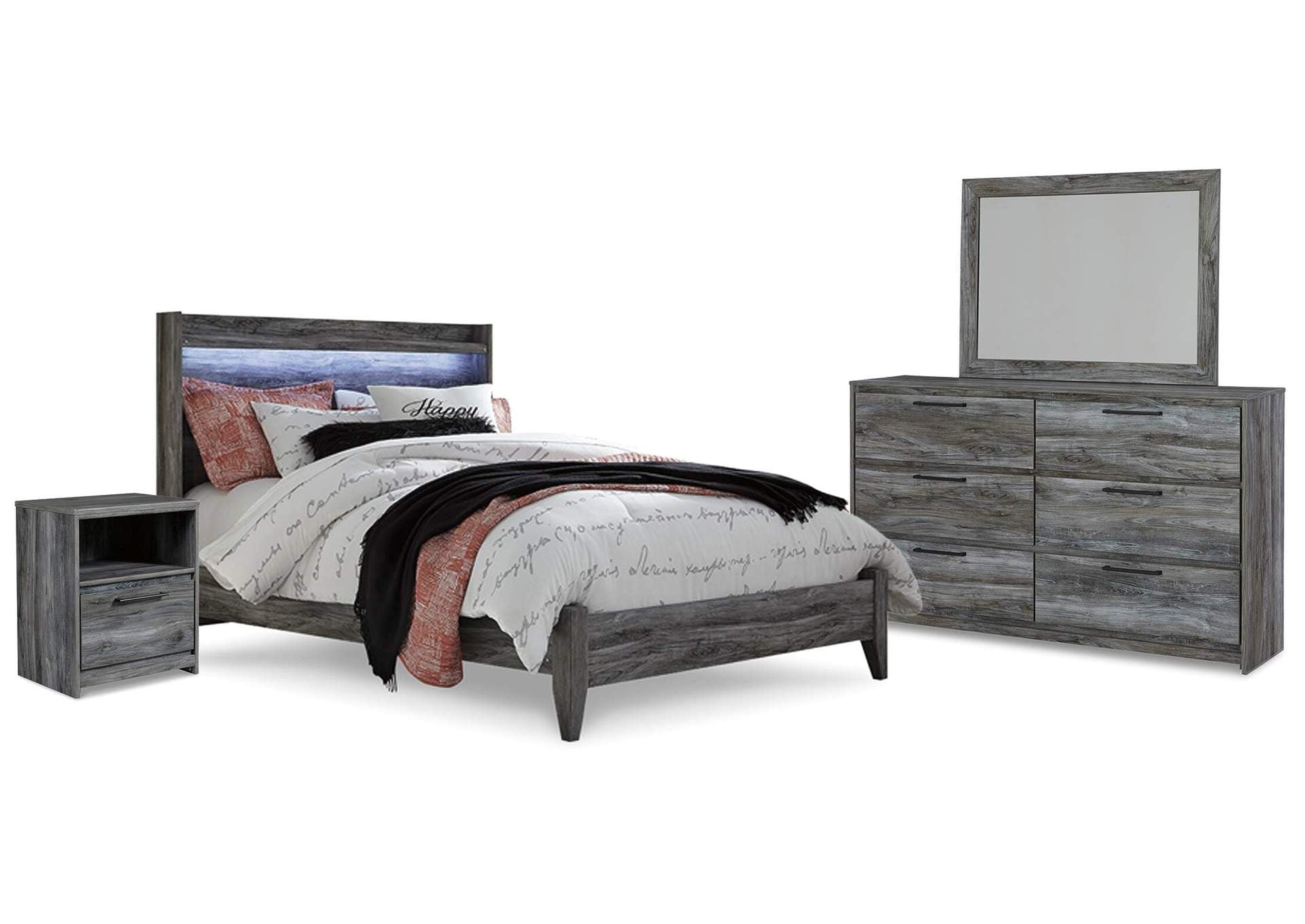 Baystorm Queen Panel Bed with Mirrored Dresser and Nightstand