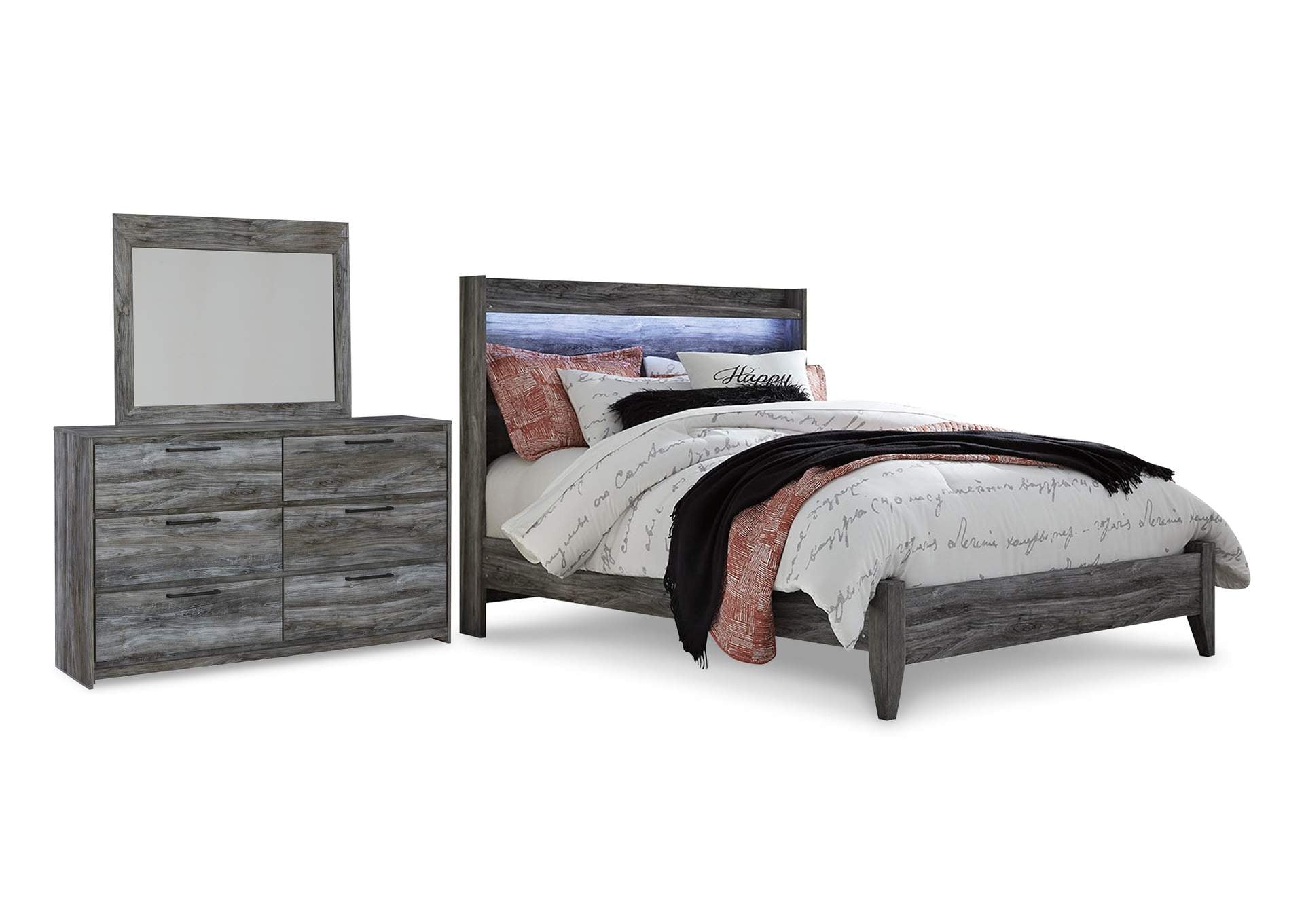Baystorm Queen Panel Bed with Mirrored Dresser