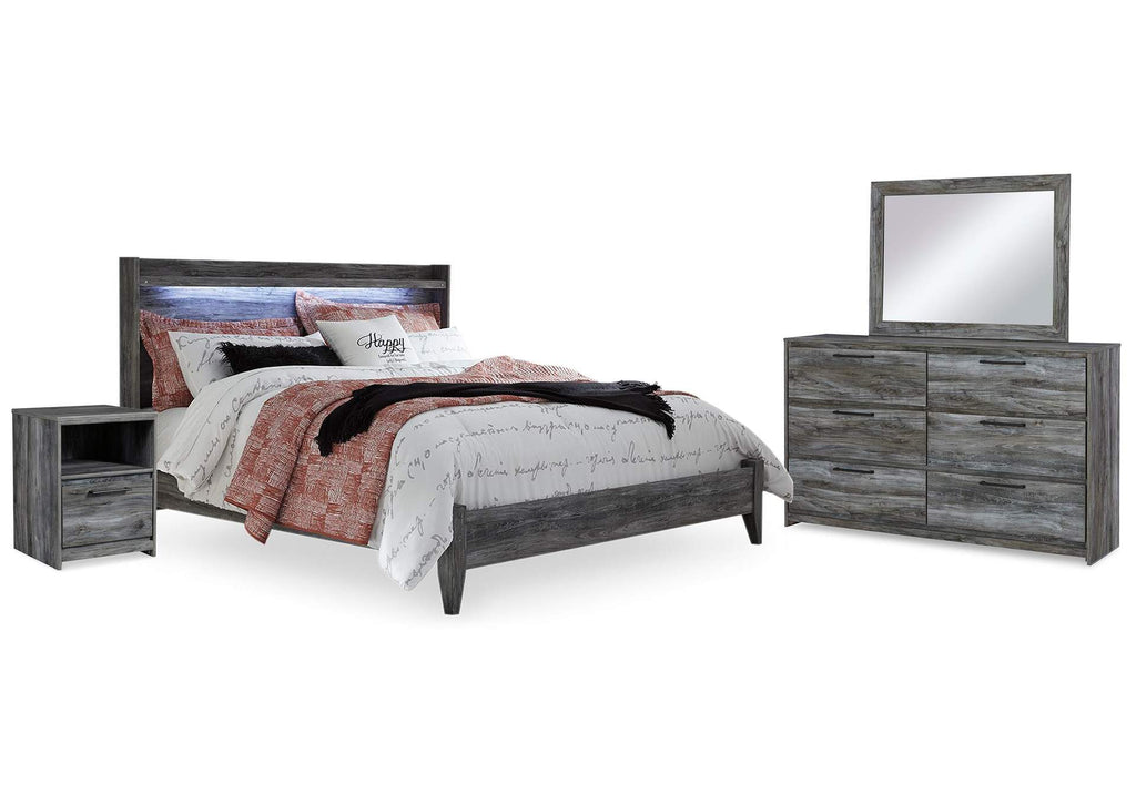 Baystorm King Panel Bed with Mirrored Dresser and Nightstand