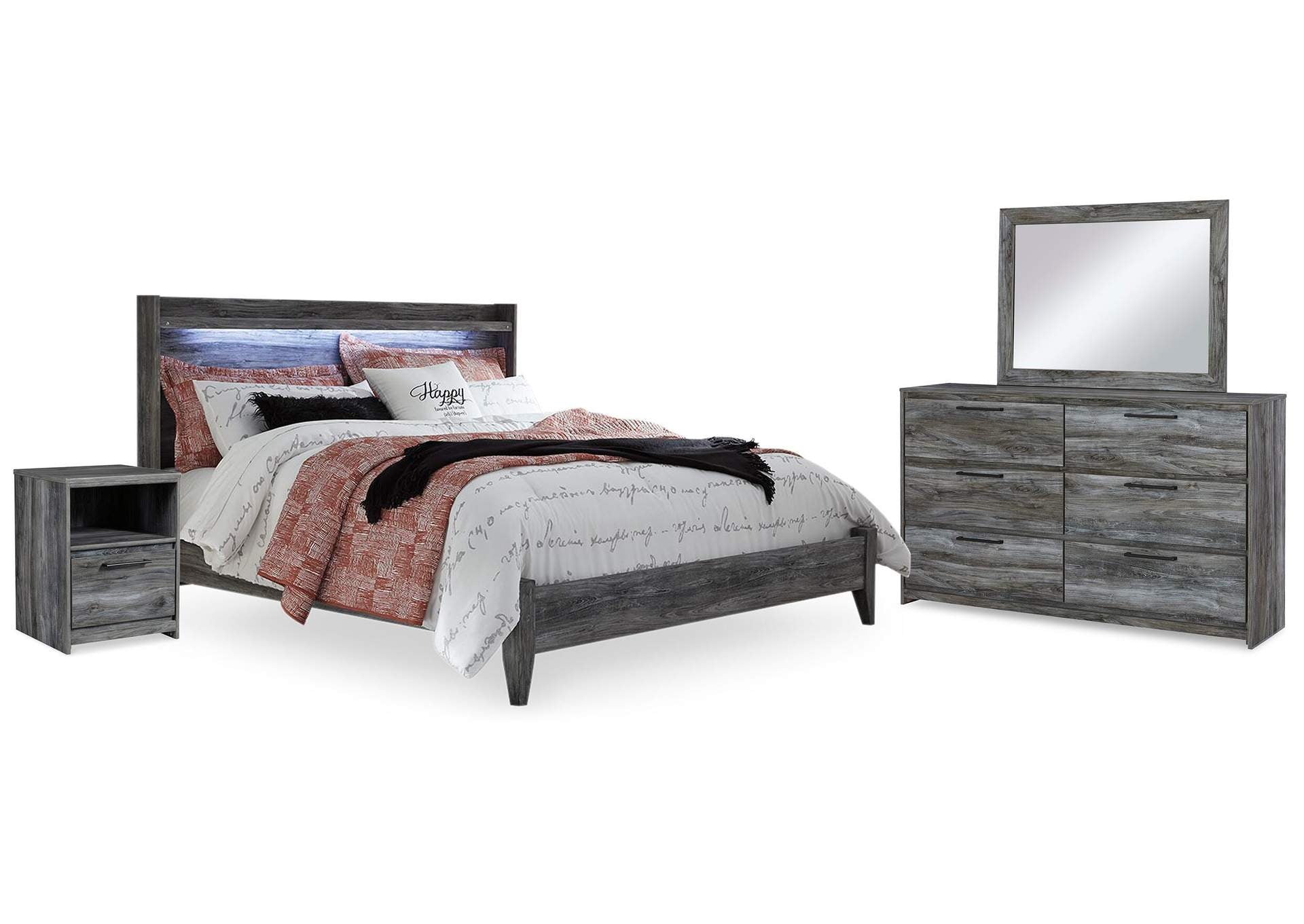 Baystorm King Panel Bed with Mirrored Dresser and Nightstand
