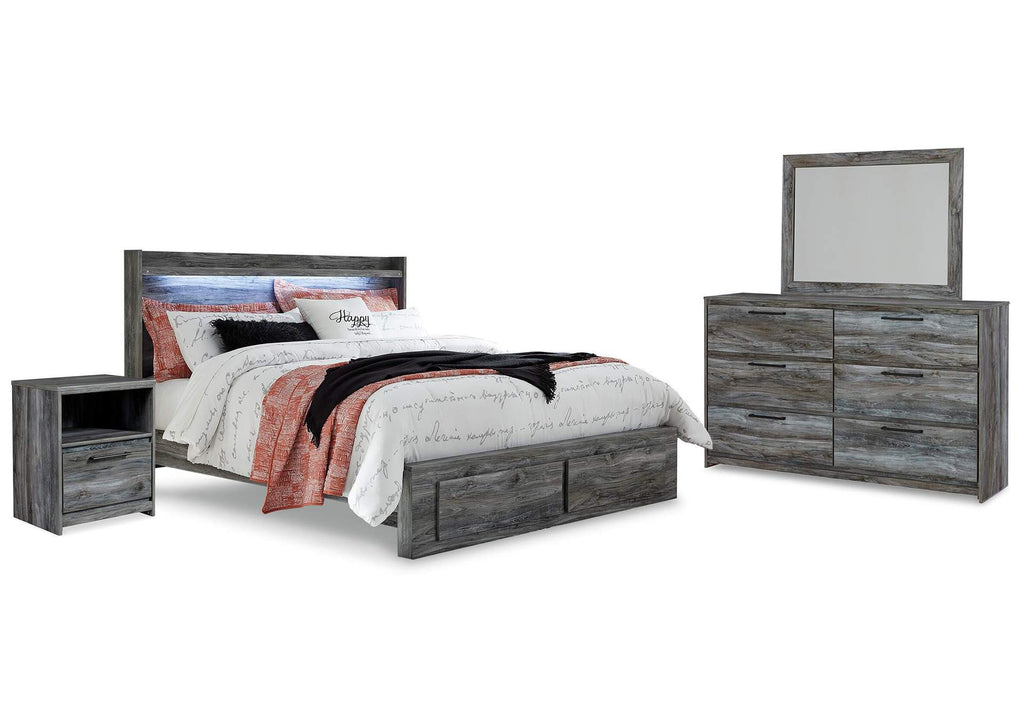 Baystorm King Panel Bed with 2 Storage Drawers with Mirrored Dresser, and Nightstand