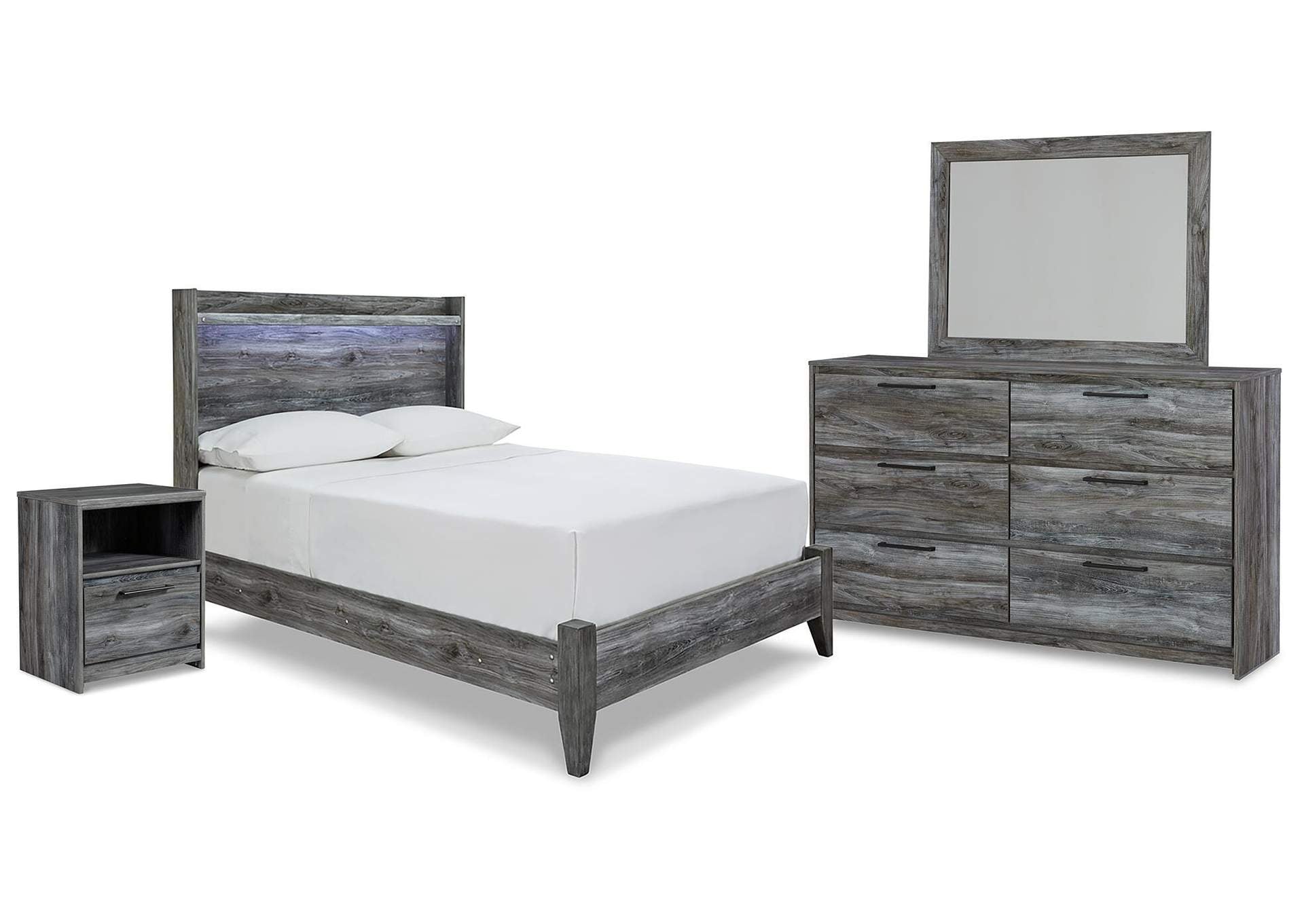 Baystorm Full Panel Bed with Mirrored Dresser and Nightstand