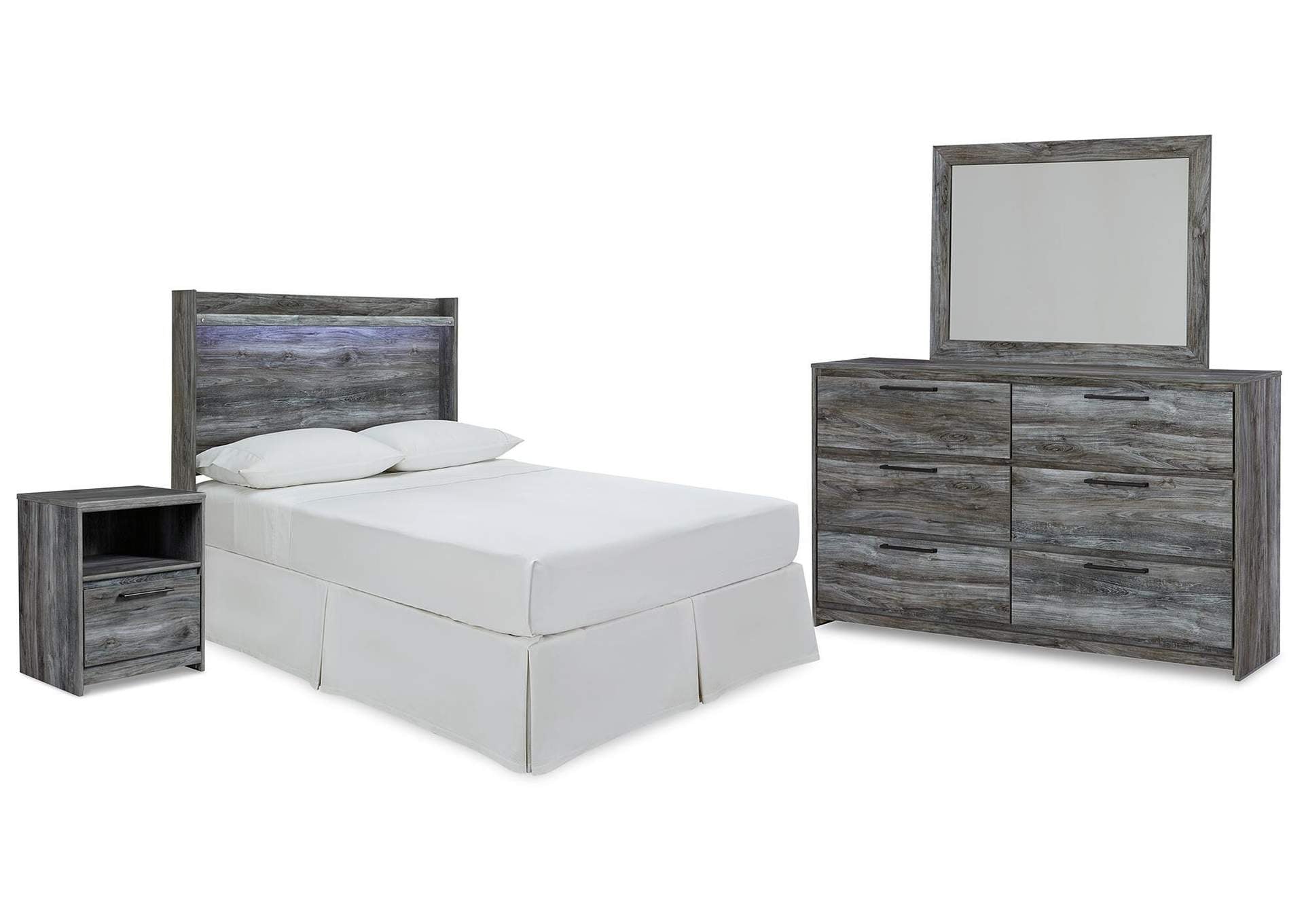 Baystorm Full Panel Headboard with Mirrored Dresser and Nightstand