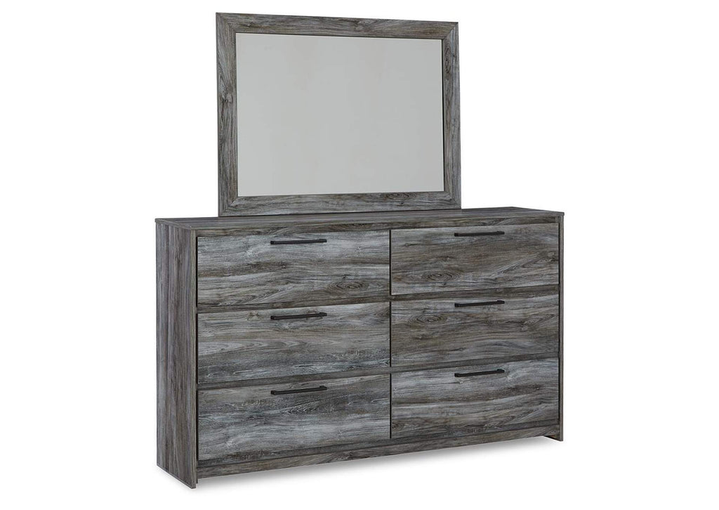 Baystorm Queen Panel Bed with Mirrored Dresser and Nightstand angled view