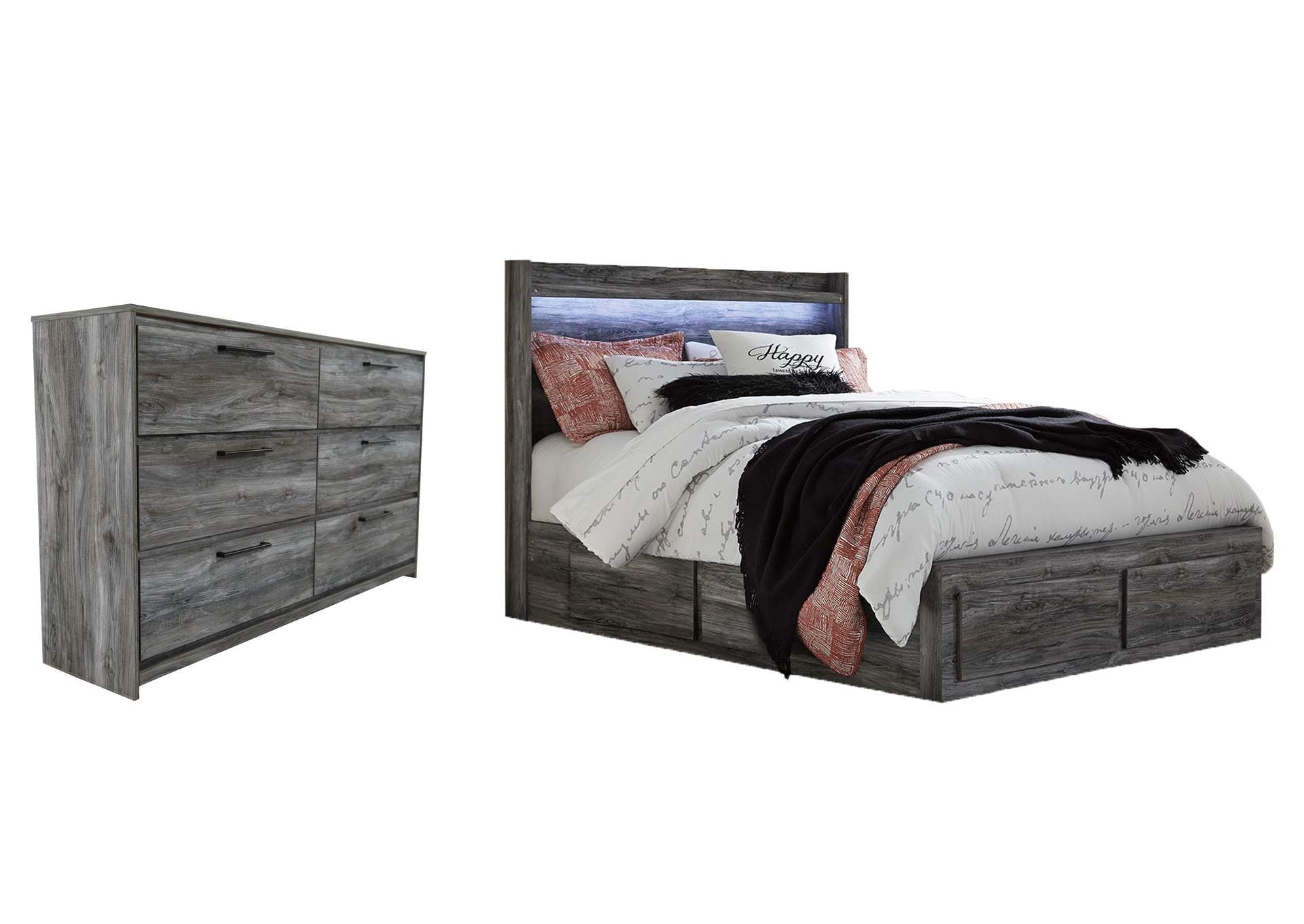 Baystorm Queen Panel Bed with 4 Storage Drawers and Dresser