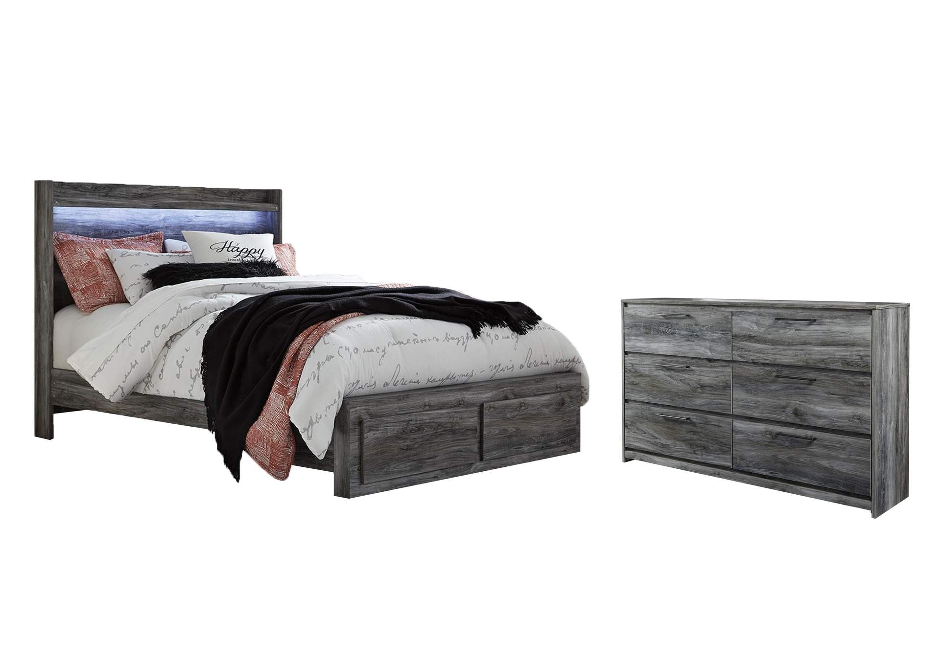 Baystorm Queen Panel Bed with 2 Storage Drawers with Dresser