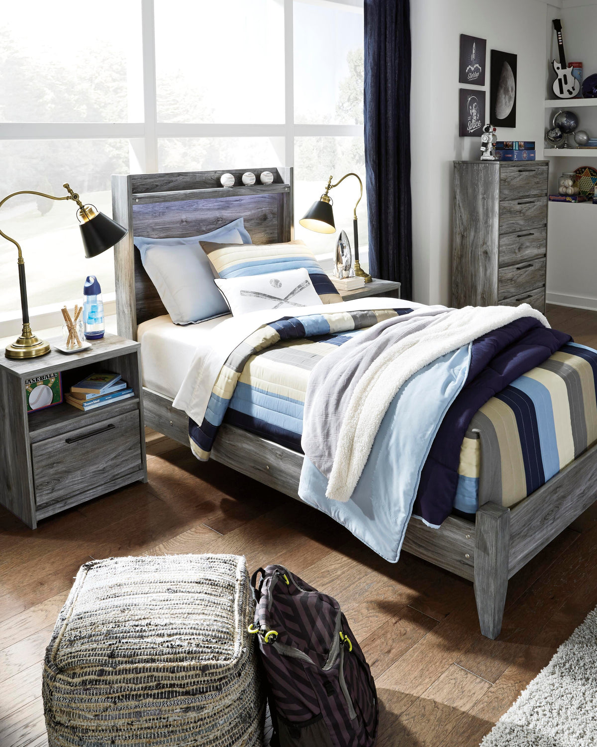 Baystorm Twin Panel Bed in Gray, lifestyle view