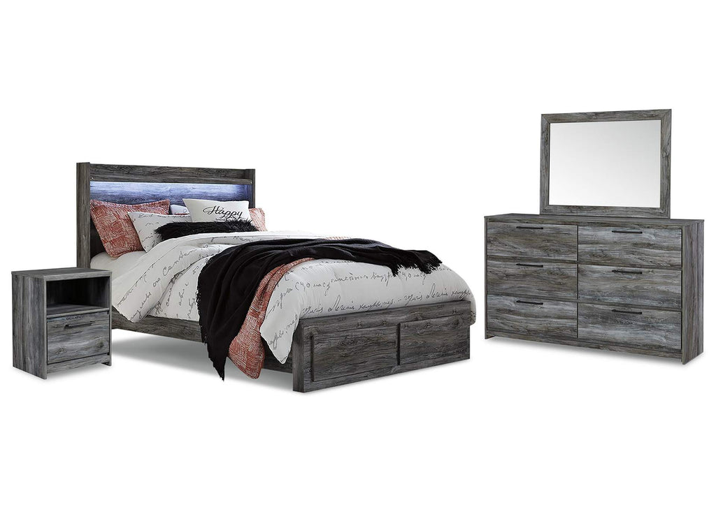 Baystorm Queen Panel Bed with 2 Storage Drawers with Mirrored Dresser and Nightstand