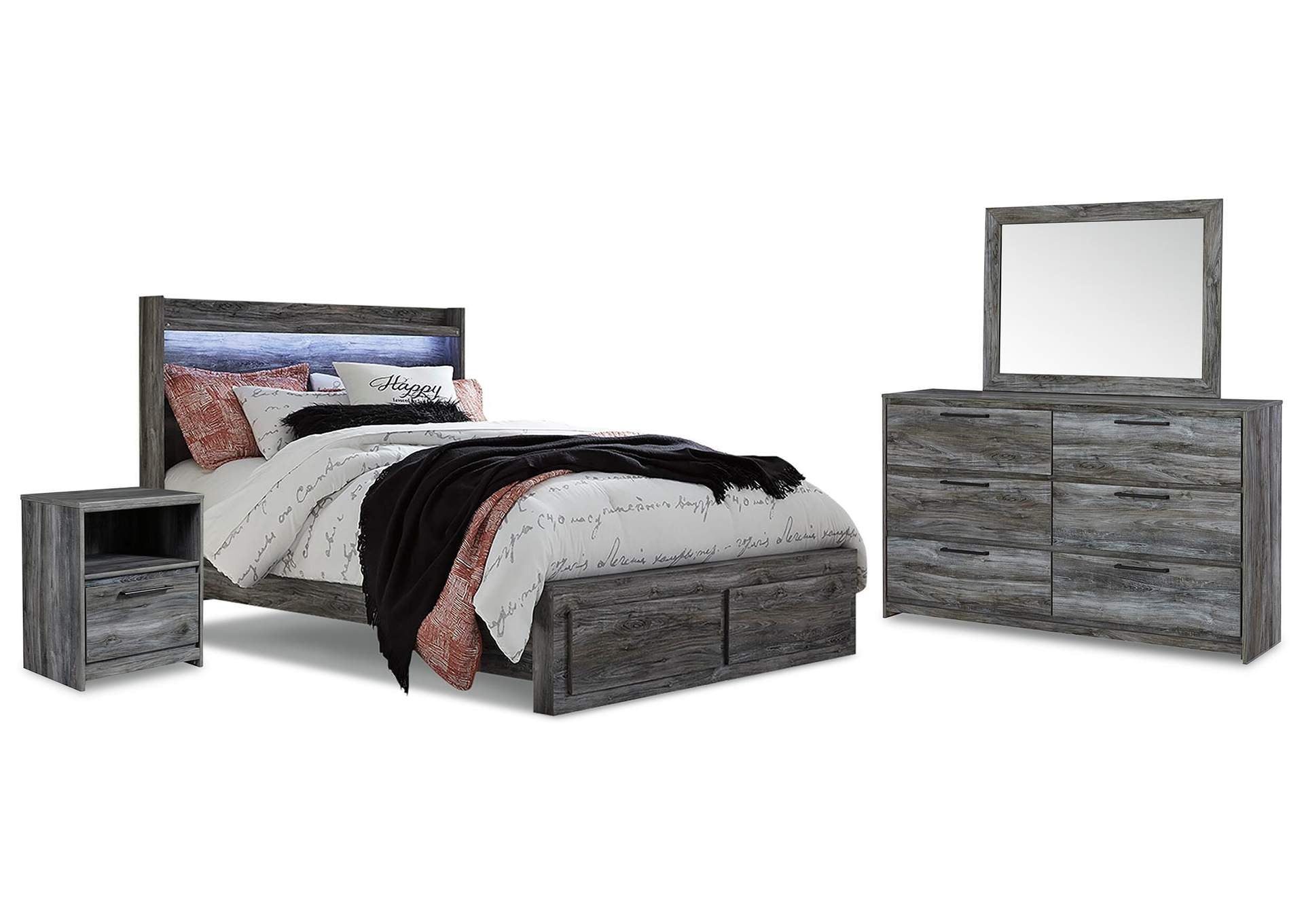 Baystorm Queen Panel Bed with 2 Storage Drawers with Mirrored Dresser and Nightstand