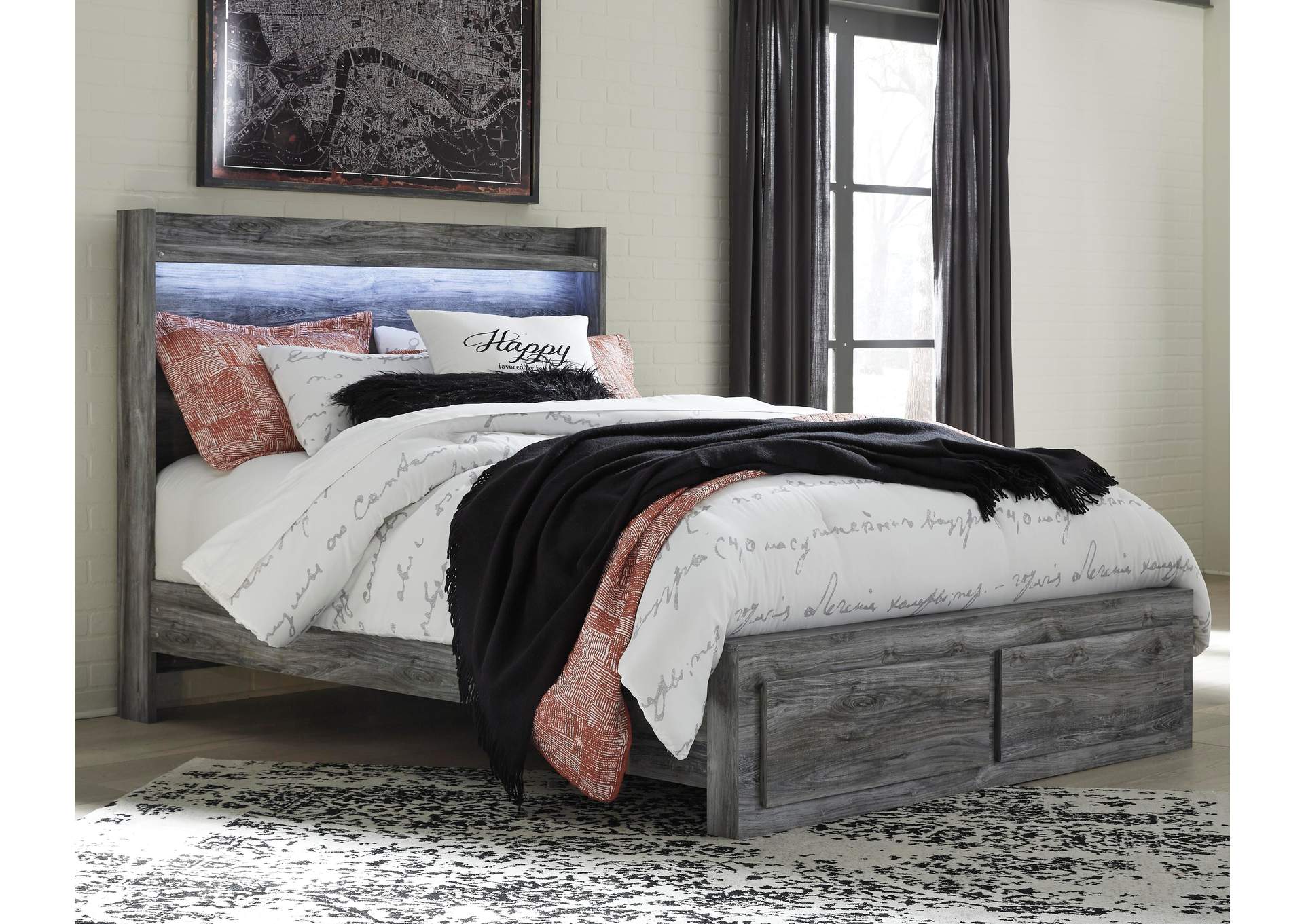 Baystorm Queen Panel Bed with 2 Storage Drawers with Mirrored Dresser and Nightstand room view